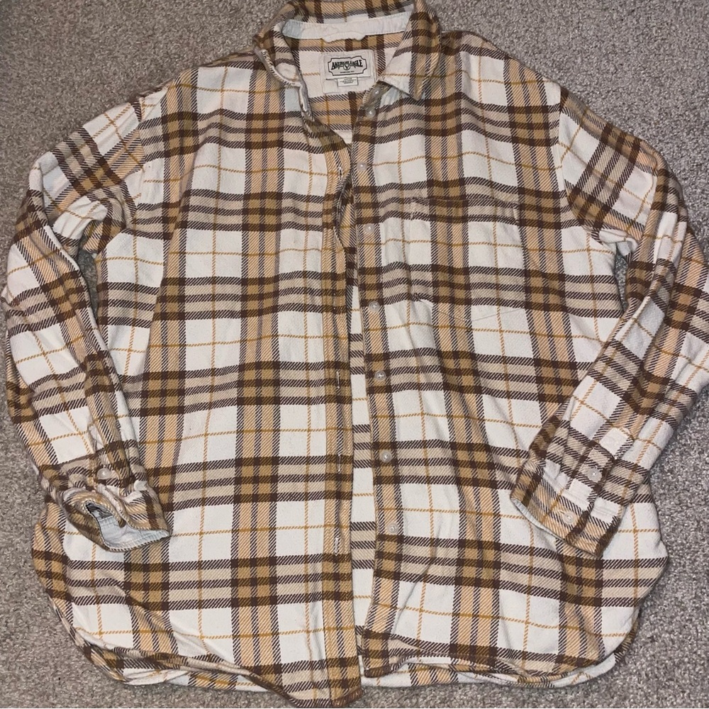 American Eagle Outfitters Plaid Button Down Shirt - Brown and White